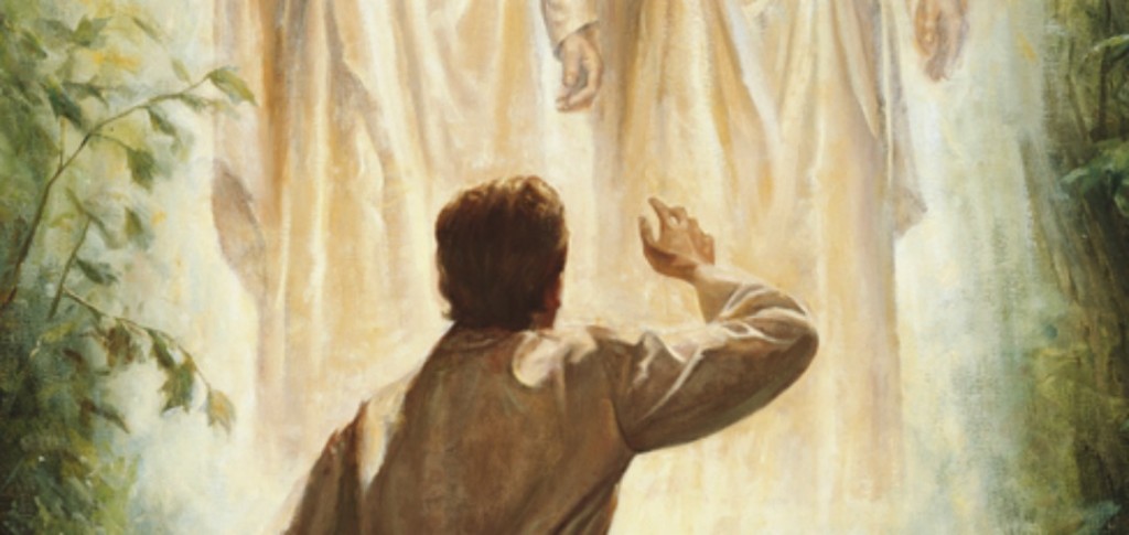 Zu sehen ist ein Teil eines Gemäldes, welches den jungen Joseph Smith darstellt, als er Gott Vater und dessen Sohn, Jesus Christus, in einer Vision sieht und mit ihnen spricht.