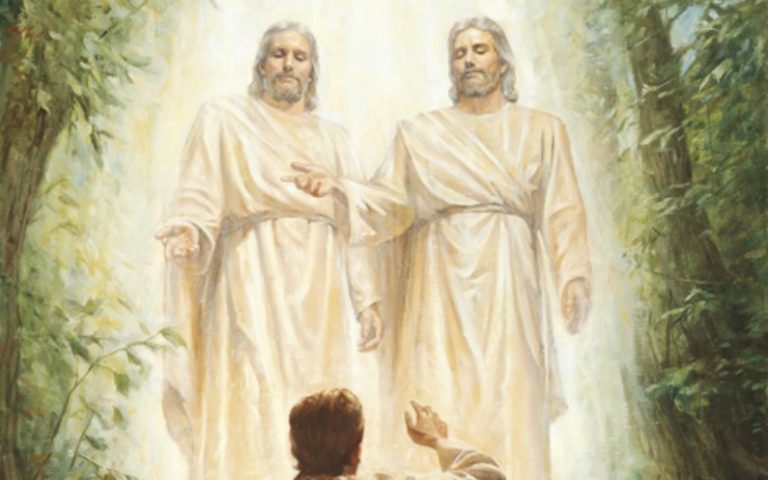 Dies ist ein Bild (Ausschnitt) der "Ersten Vision": Dem jungen Joseph Smith erscheinen Gott Vater und dessen Sohn, Jesus Christus. / Die "Erste Vison" ist ein Beweis dafür, dass Gott Vater und Jesus Christus zwei voneinander getrennte Personen sind, entgegen der Lehre der Dreieinigkeit.