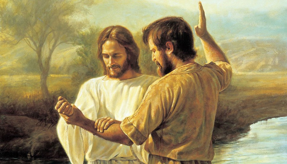 Ein Gemälde von der Taufe Jesu durch Johannes den Täufer.