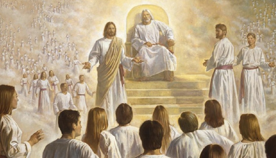 Ein Gemälde, das Gottes Geistkinder um seinen Thron stehend zeigt.