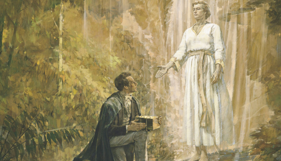 Zu sehen ist der Prophet Joseph Smith, der vom Engel Moroni die Goldenen Platten erhält, von denen der Prophet , durch die Macht Gottes, das Buch Mormon übersetzte.