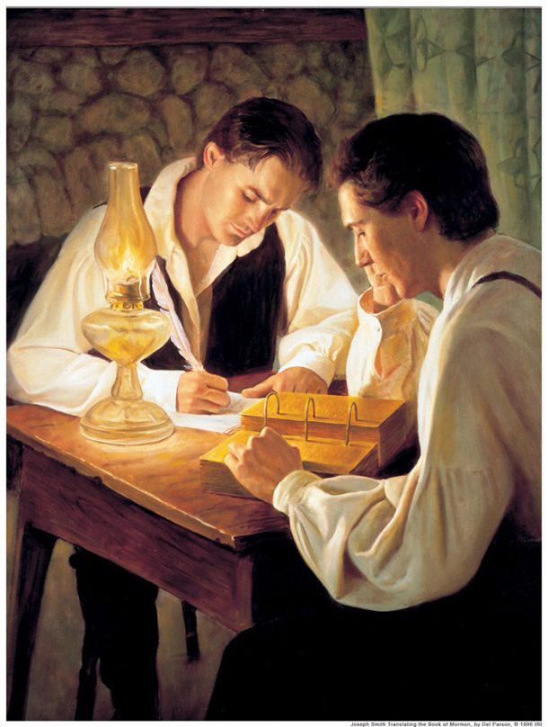 Kunst in der Kirche - Zu sehen ist ein Gemälde,welches den Propheten Joseph Smith und Oliver Cowdery beim Übersetzen des Buches Mormon zeigt