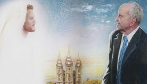 Zu sehen ist unser Prophet, Russell M Nelson, zusammen mit unserem Erlöser, Jesus Christus. Sie schauen sich an. Zwischen ihnen sieht man im Hintergrund den Salt Lake Tempel. Es handelt sich um ein Gemälde.
