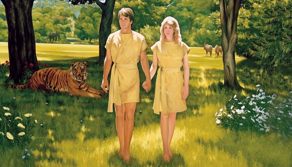 Adam und Eva wandeln Hand in Hand durch den Garten Eden