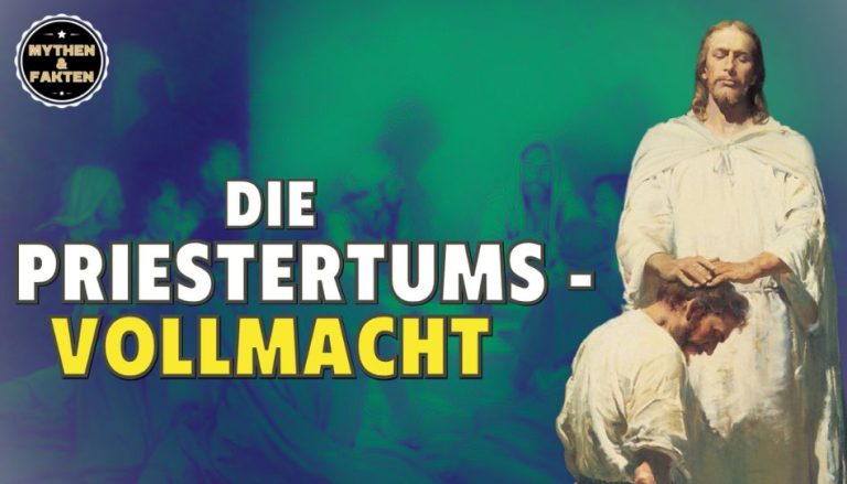 Zu lesen ist der Titel "Die Priestertumsvollmacht" und zu sehen ist ein Ausschnitt eines Gemäldes, auf welchem Jesus einem seiner Jünger das Priestertum überträgt, durch Händeauflegen.