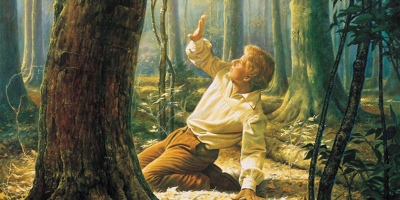 Zu sehen ist ein Kunstwerk, welches Joseph Smith darstellt, als ihm Gott Vater und Jesus Christus erschienen.