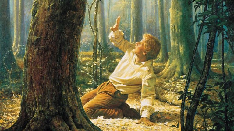 Zu sehen ist ein Kunstwerk, welches Joseph Smith darstellt, als ihm Gott Vater und Jesus Christus erschienen.