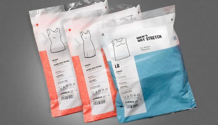 Zu sehen sind drei übereinanderliegende Pakete, unterschiedlicher neuer, noch unverpackter Garments.