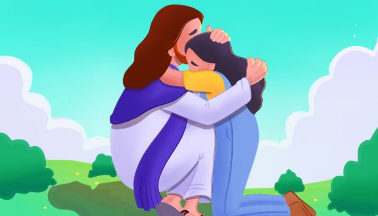 Auf diesem Bild sieht man eine Comic-Zeichnung auf der Jesus eine junge Frau umarmt. Man kann erkennen, dass sie traurig ist. Sie zeigt, wie nett Jesus war bzw. ist.