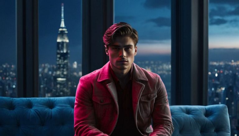 Zu sehen ist ein junger Mann, der auf einem Sofa sitzt. Im Hintergrund ist die Skyline einer großen Stadt zu sehen. Es soll symbolisieren, dass er viel Besitz hat aber dennoch nicht glücklich ist.