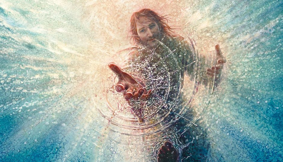 Ein Ausschnitt des Gemäldes mit dem Titel "His Mighty Hand", von Yongsung Kim. Jesus greift mit einer Hand ins Wasser, als würde er dein Leben retten wollen.
