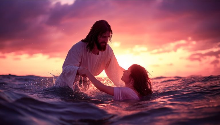 Jesus Christus hilft einer Frau, die im Wasser ist. Er hält ihre Hand.