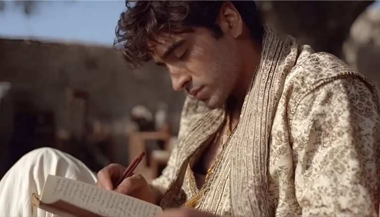 Zu sehen ist ein Mann, der einen Jünger darstellen soll, der an seinem Evangelium schreibt. Es ist ein Beispiel für die Schreiber der verschiedenen Evangelien.