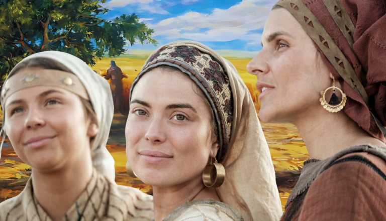 Zu sehen sind drei Frauen, die Frauen im Alten Israel darstellen sollen.