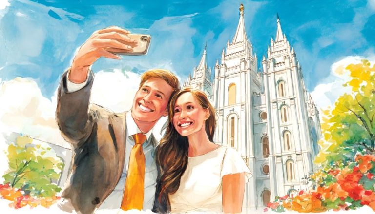 Zu sehen ist ein junges Paar, das nach seiner Siegelung im Tempel, freudestrahlend ein Selfie macht.