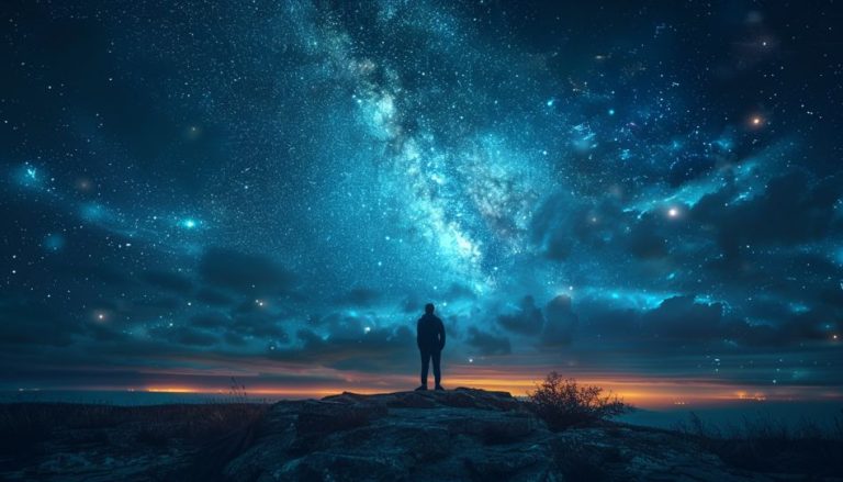 Ignoriert mich Gott? Diese Frage soll das Bild darstellen. Ein Mann steht in der Mitte des Bildes. Im Hintergrund ist ein mächtiger Himmel zu sehen.
