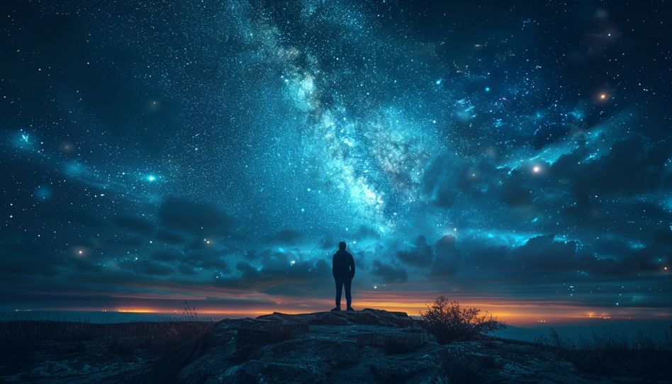Ignoriert mich Gott? Diese Frage soll das Bild darstellen. Ein Mann steht in der Mitte des Bildes. Im Hintergrund ist ein mächtiger Himmel zu sehen.