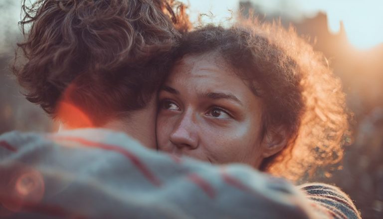 Zu sehen sind zwei Menschen, die sich zur Vergebung umarmen. Man kann in das Gesicht einer jungen Frau schauen, die feuchte Augen hat.