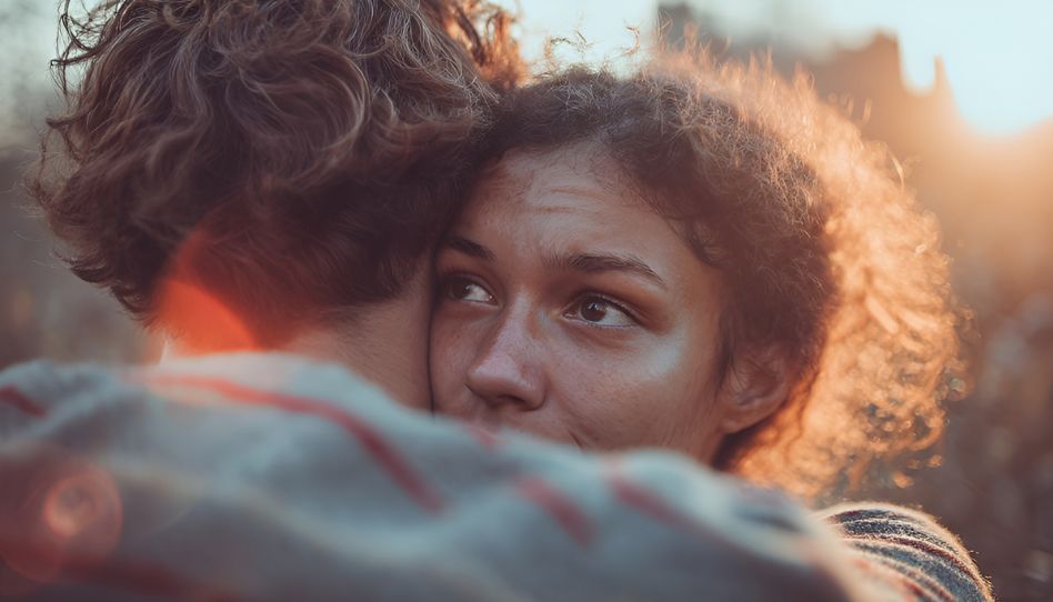 Zu sehen sind zwei Menschen, die sich zur Vergebung umarmen. Man kann in das Gesicht einer jungen Frau schauen, die feuchte Augen hat.