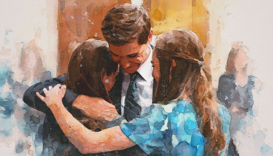 Ein junger Mann verabschiedet sich von Freundin, vor seiner Mission.