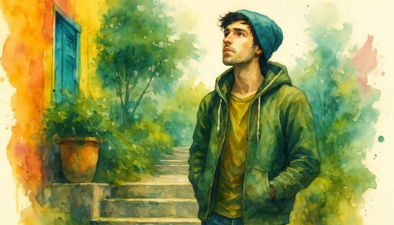 Aquarellillustration einer nachdenklichen jungen Person, die hoffnungsvoll nach vorn blickt – Sinnbild für Bibelverse über Hoffnung und Mut.