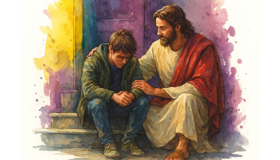 Digitale Aquarell-Illustration: Jesus legt einer Person tröstend die Hand auf die Schulter – ein Bild für göttliche Liebe, Trost und Hoffnung.
