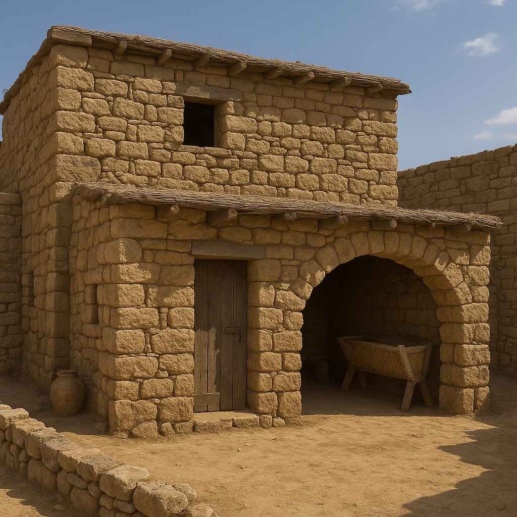 Historisches Haus aus der Zeit der Geburt Jesu mit flachem Dach, Steinmauern und einem offenen Bereich mit Krippe.