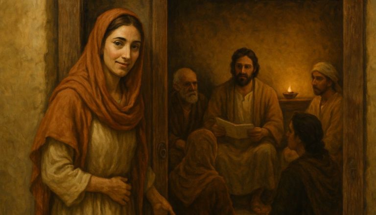 Eine Frau öffnet die Tür zu einer frühen Hausgemeinde – ein Bild, das an die Rolle von Eclecte im Neuen Testament erinnert.