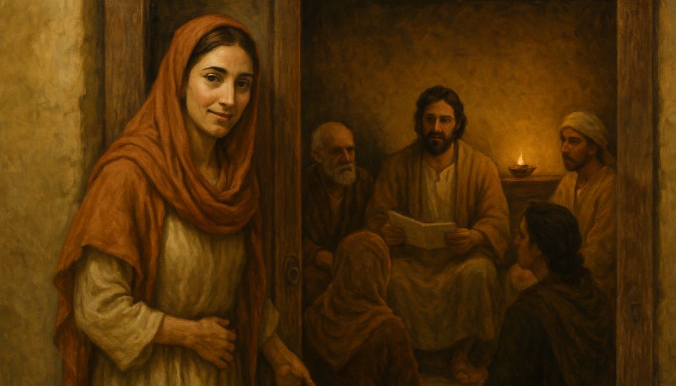 Eine Frau öffnet die Tür zu einer frühen Hausgemeinde – ein Bild, das an die Rolle von Eclecte im Neuen Testament erinnert.