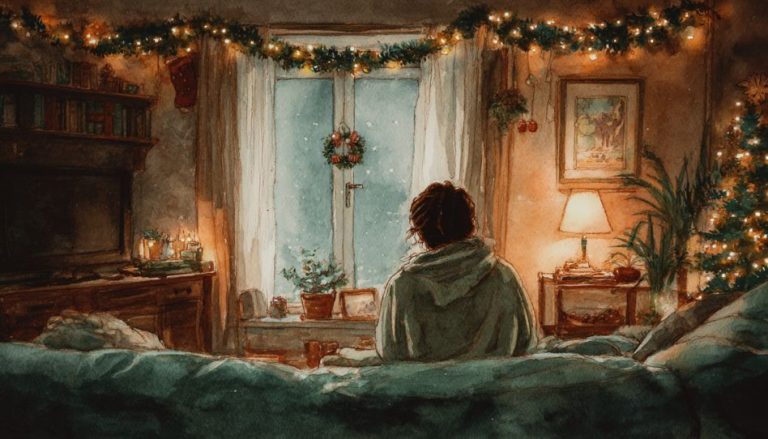 Eine junge Frau sitzt während der Weihnachtszeit auf der Couch.