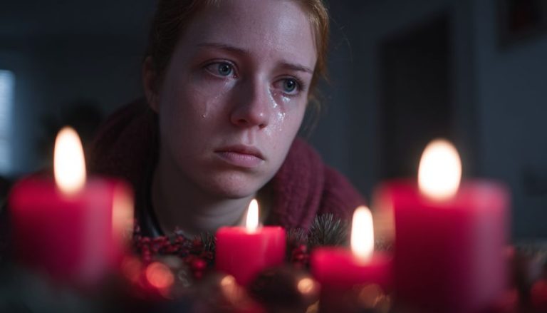 Weihnachten fern von der Familie zu sein macht viele traurig. Darum sieht man hier eine junge Frau mit Tränen in den Augen hinter einem Adventskranz sitzen.