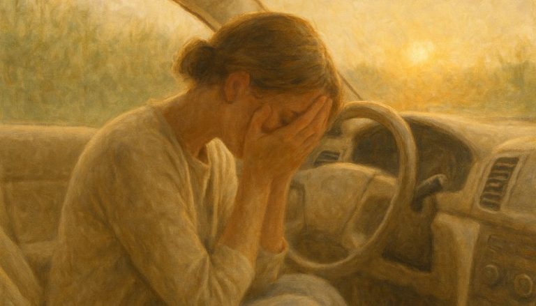 Eine Frau sitzt in ihrem Auto und weint in ihre Hände.