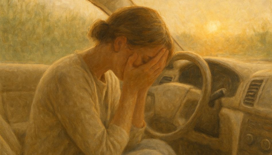 Eine Frau sitzt in ihrem Auto und weint in ihre Hände.