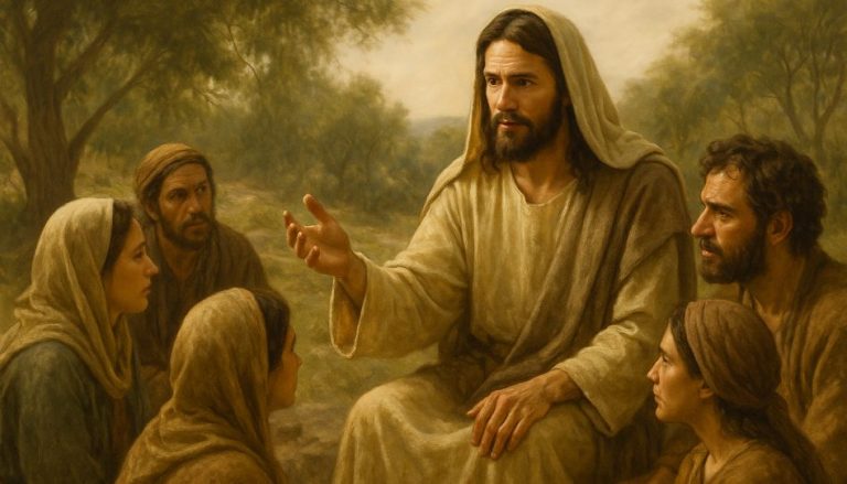 Darstellung von Jesus, wie er in Galiläa eine kleine Gruppe von Menschen lehrt – passend zum Thema ‚Welche Sprache sprach Jesus‘.