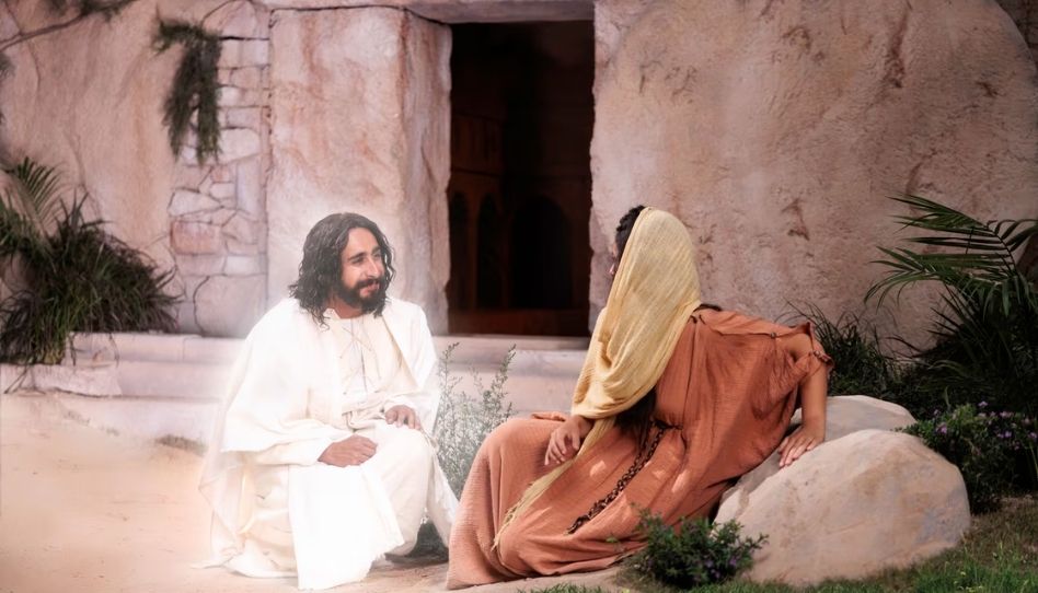 Der auferstandene Jesus mit Maria Magdalena vor dem Grab.