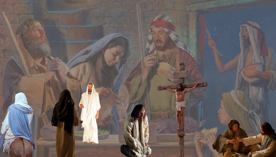 Zu sehen ist ein Bild, das eine Familie bei einem Passahfest zeigt. Im Vordergrund sind Ausschnitte aus der letzten Woche Jesu Christi zu sehen, der Karwoche.