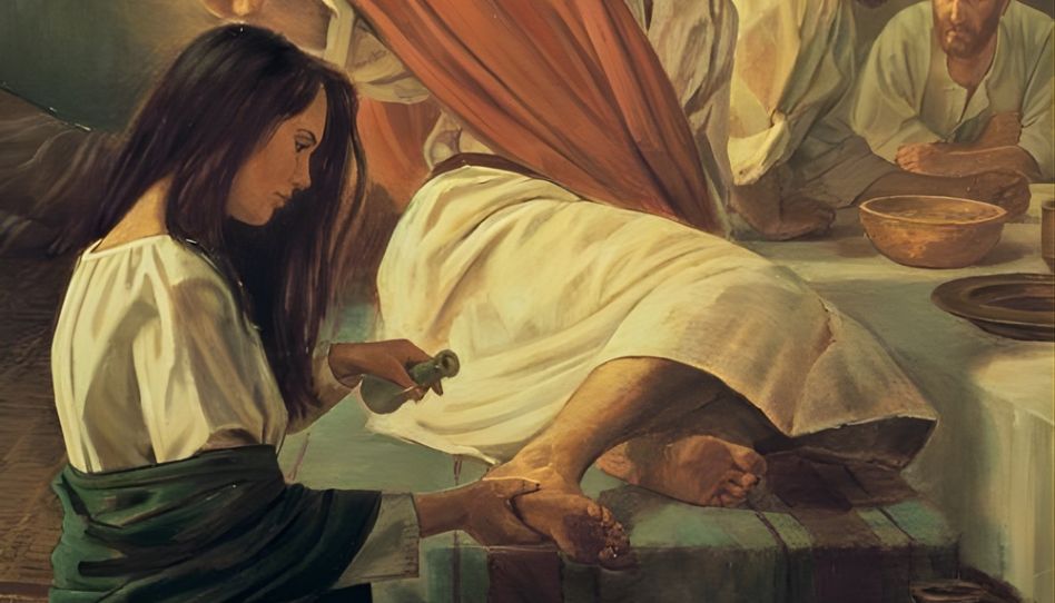 Eine Darstellung von Maria aus Bethanien, die Jesu Füße salbt.