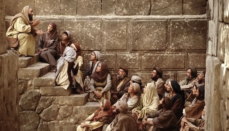 Der Apostel Paulus lehrt eine Gruppe von Menschen über Jesus Christus.